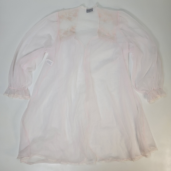 Vanity Fair Vintage Soft Pink Sheer Open Duster Rober, Floral Applique, EUC, szS - Picture 5 of 9